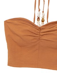 Ruched Bandeau Halter Padded Top with Beaded Strap