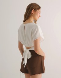 V Neck Ruched Waist Wrap Back Short Sleeve Top