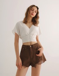 V Neck Ruched Waist Wrap Back Short Sleeve Top