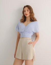 V Neck Ruched Waist Wrap Back Short Sleeve Top
