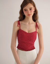 Floral Print Tie Strap Padded Cami Crop Top with Shirred Back and Ruffled Hem