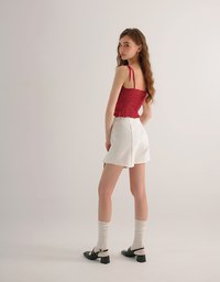 Floral Print Tie Strap Padded Cami Crop Top with Shirred Back and Ruffled Hem