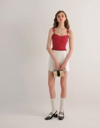 Floral Print Tie Strap Padded Cami Crop Top with Shirred Back and Ruffled Hem
