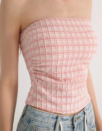 Elegant Tweed Check Textured Strapless Padded Cropped Tube Top