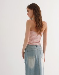 Elegant Tweed Check Textured Strapless Padded Cropped Tube Top