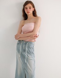 Elegant Tweed Check Textured Strapless Padded Cropped Tube Top