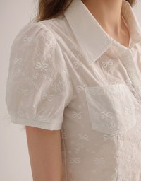 Embroidered Bow Lace Puff Sleeve Semi Sheer Blouse Top