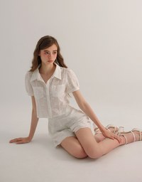 Embroidered Bow Lace Puff Sleeve Semi Sheer Blouse Top