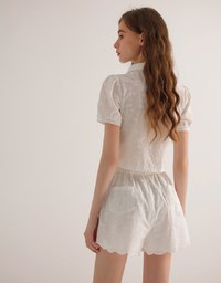 Embroidered Bow Lace Puff Sleeve Semi Sheer Blouse Top