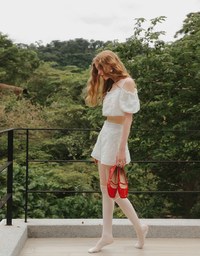 Crinkled Texture Off Shoulder Puff Sleeve Top with Back Ribbon Detail
