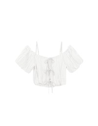 Crinkled Texture Off Shoulder Puff Sleeve Top with Back Ribbon Detail