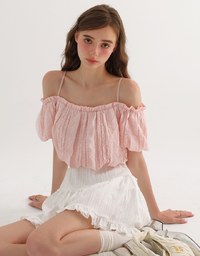 Crinkled Texture Off Shoulder Puff Sleeve Top with Back Ribbon Detail