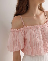Crinkled Texture Off Shoulder Puff Sleeve Top with Back Ribbon Detail