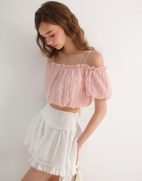 Crinkled Texture Off Shoulder Puff Sleeve Top with Back Ribbon Detail