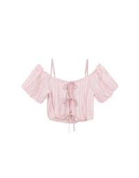 Crinkled Texture Off Shoulder Puff Sleeve Top with Back Ribbon Detail