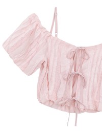 Crinkled Texture Off Shoulder Puff Sleeve Top with Back Ribbon Detail