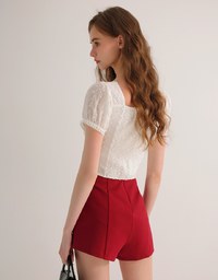 Square Neck Embroidered Eyelet Cropped Top with Puffy Sleeves