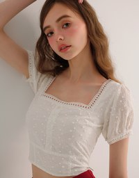 Square Neck Embroidered Eyelet Cropped Top with Puffy Sleeves