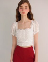 Square Neck Embroidered Eyelet Cropped Top with Puffy Sleeves