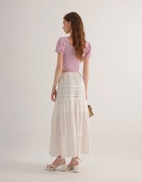 Square Neck Embroidered Eyelet Cropped Top with Puffy Sleeves