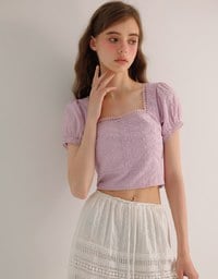 Square Neck Embroidered Eyelet Cropped Top with Puffy Sleeves