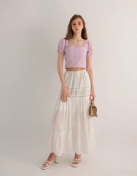 Square Neck Embroidered Eyelet Cropped Top with Puffy Sleeves