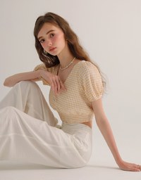 V Neck Gingham Crop Blouse with Puff Sleeves and Smocked Waistband