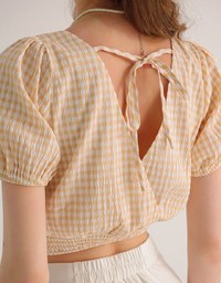 V Neck Gingham Crop Blouse with Puff Sleeves and Smocked Waistband