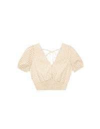 V Neck Gingham Crop Blouse with Puff Sleeves and Smocked Waistband
