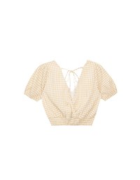 V Neck Gingham Crop Blouse with Puff Sleeves and Smocked Waistband