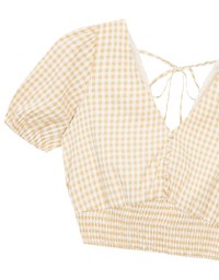 V Neck Gingham Crop Blouse with Puff Sleeves and Smocked Waistband