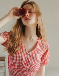 V Neck Gingham Crop Blouse with Puff Sleeves and Smocked Waistband