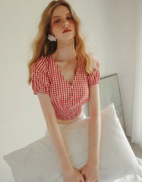 V Neck Gingham Crop Blouse with Puff Sleeves and Smocked Waistband