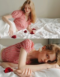 V Neck Gingham Crop Blouse with Puff Sleeves and Smocked Waistband