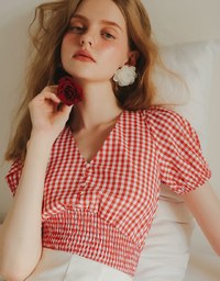 V Neck Gingham Crop Blouse with Puff Sleeves and Smocked Waistband