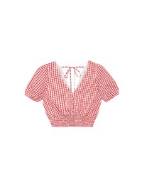 V Neck Gingham Crop Blouse with Puff Sleeves and Smocked Waistband