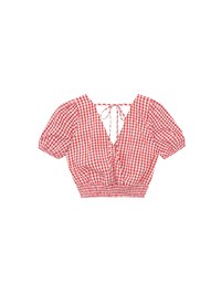 V Neck Gingham Crop Blouse with Puff Sleeves and Smocked Waistband