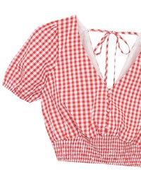V Neck Gingham Crop Blouse with Puff Sleeves and Smocked Waistband
