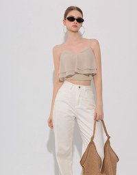Double Ruffled Layered Chiffon Padded Camisole Top with Adjustable Straps
