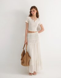 Lettuce Hem Textured Knit Cropped Top with Pearl Button Detail