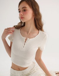 Lettuce Hem Textured Knit Cropped Top with Pearl Button Detail