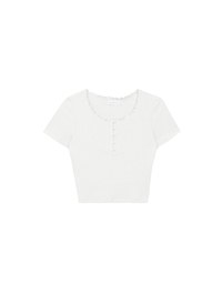 Lettuce Hem Textured Knit Cropped Top with Pearl Button Detail