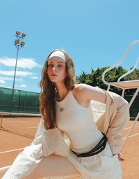 【Lyra & Toby】Embroidery Graphic Ribbed Halter Padded Tank Top
