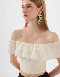 Textured Ruffle Trim Off Shoulder Padded Cropped Top