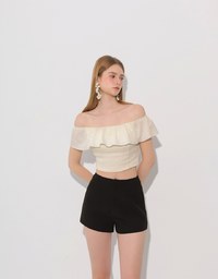 Textured Ruffle Trim Off Shoulder Padded Cropped Top