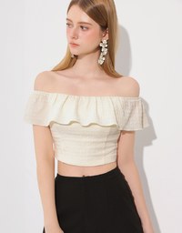 Textured Ruffle Trim Off Shoulder Padded Cropped Top