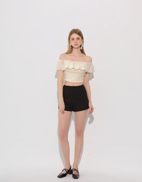 Textured Ruffle Trim Off Shoulder Padded Cropped Top