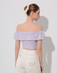 Textured Ruffle Trim Off Shoulder Padded Cropped Top