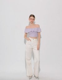 Textured Ruffle Trim Off Shoulder Padded Cropped Top