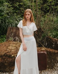 V Neck Cropped Flutter Sleeve Top with Embroidered Waist Detail